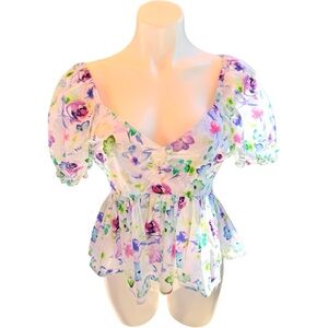 Urban Outfitters White Floral Puff-Sleeve Peplum Top Sz M (Repair)